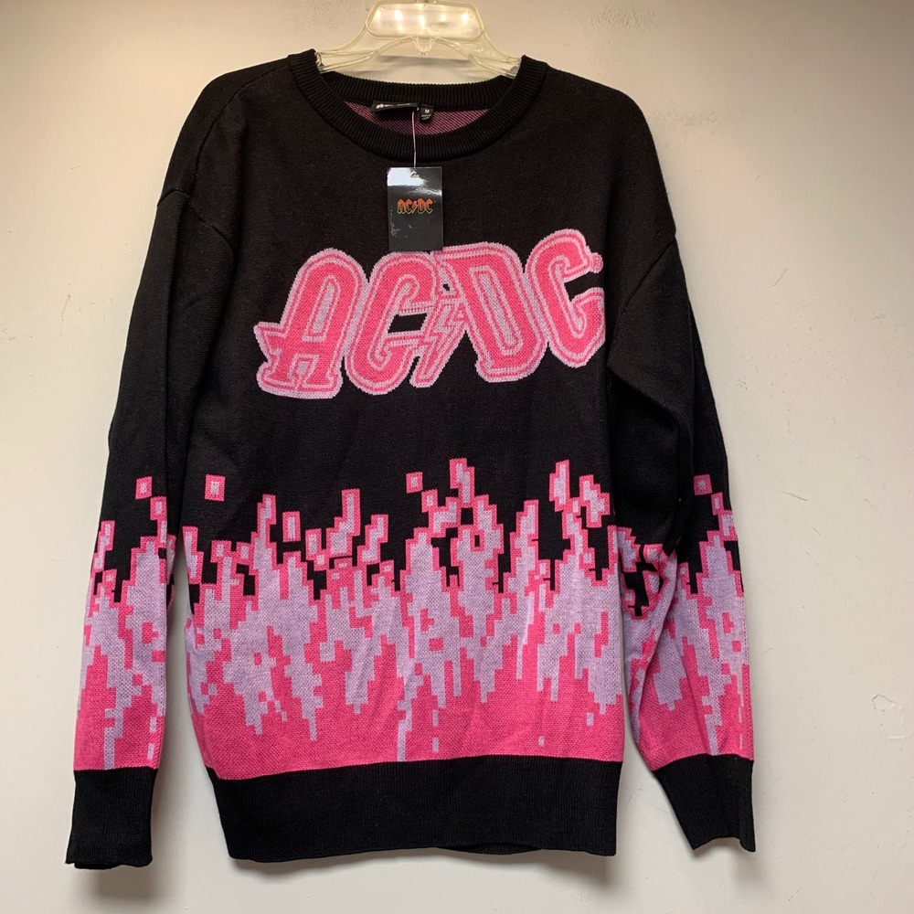 AC/DC Graphic Knit Sweater Unisex Medium Black Pink Pixel Flame NEW NWT 14353
